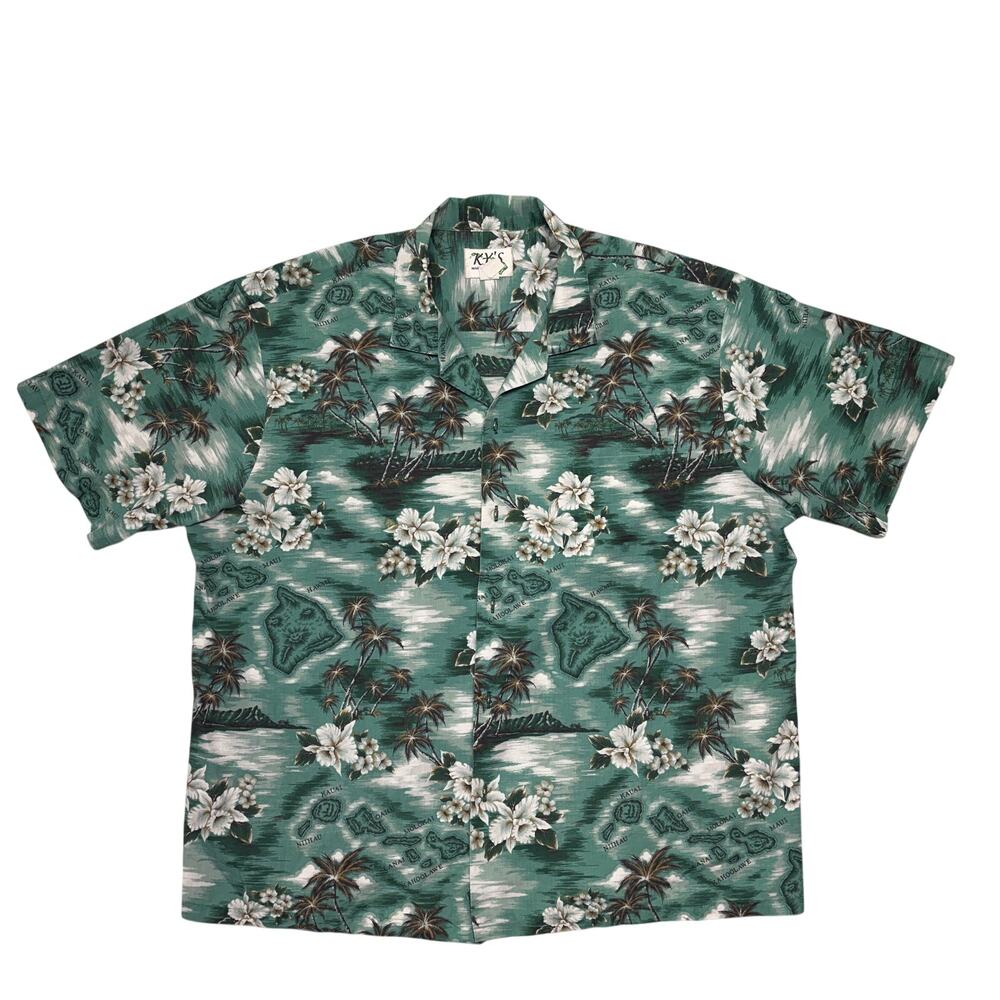Vintage KY'S Hawaiian Shirt 3XL Mens Green Floral Camp Aloha Tropical USA Made